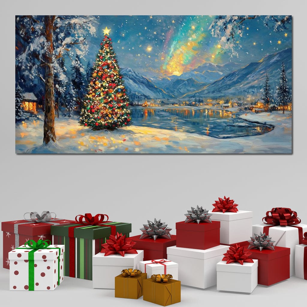 Tablou Canvas Premium LuxCanva® D1018, Luminile Magice ale Craciunului ,  Brad, Beculete, Lac, Sat, Stralucire, Living Room, Culori vibrante