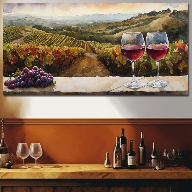 tablou canvas cu doua pahare de vin rosu si un ciorchine de struguri rosii, pe fundal cu vita de vie si peisaj rustic