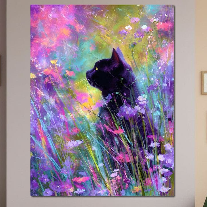 tablou canvas cu o pisica neagra intr-un peisaj floral multicolor