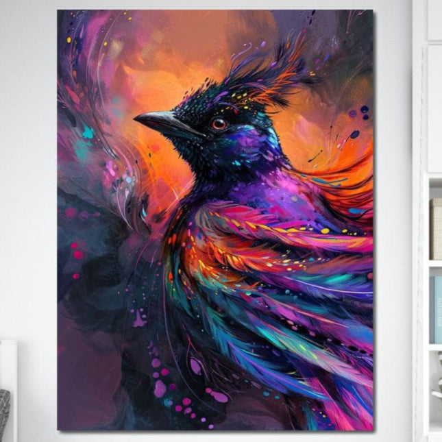 tablou canvas cu o pasare colorata in nuante aprinse pe fundal abstract