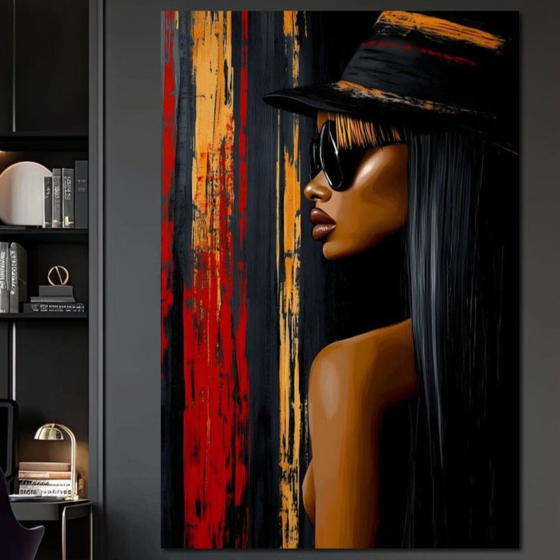 Tablou Canvas Premium LuxCanva® G1177, "Oglinda Orasului", prezintă un profil feminin modern în roșu, negru și auriu, cu accente urbane și modă, adăugând eleganță pe peretele biroului sau livingului tău.