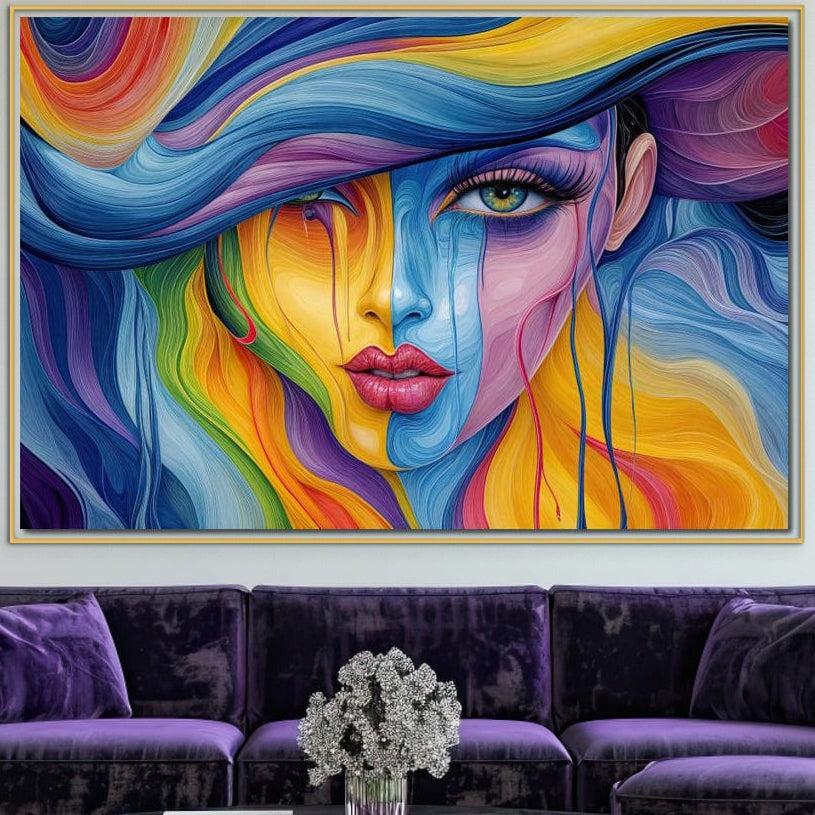 O pânză Tablou Canvas Premium LuxCanva® "Rapsodie Cromatica", care prezintă o față de femeie multicoloră vibrantă, atârnă deasupra unei canapele din catifea mov închis, cu perne și o piesă centrală argintie, adăugând farmec modern camerei dvs. de zi.