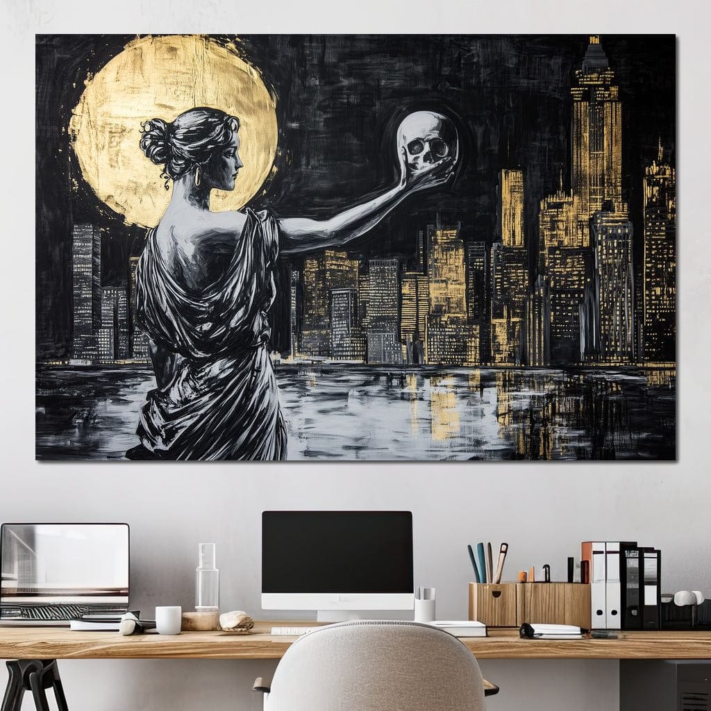 Tablou Canvas Premium, LuxCanva® G1119, Orasul si Tacerea, Craniu, City, Apus, Dialog, Eternitate, Destin, Viitor, Luna, Abstract, Living, Dormitor