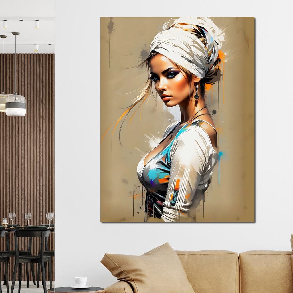 Tablou Canvas Premium LuxCanva® G1011, Regina Desertului , Libertate, Atemporal, Privire, Nisip, Turban, Alb, Living, Dormitor, Culori vibrante