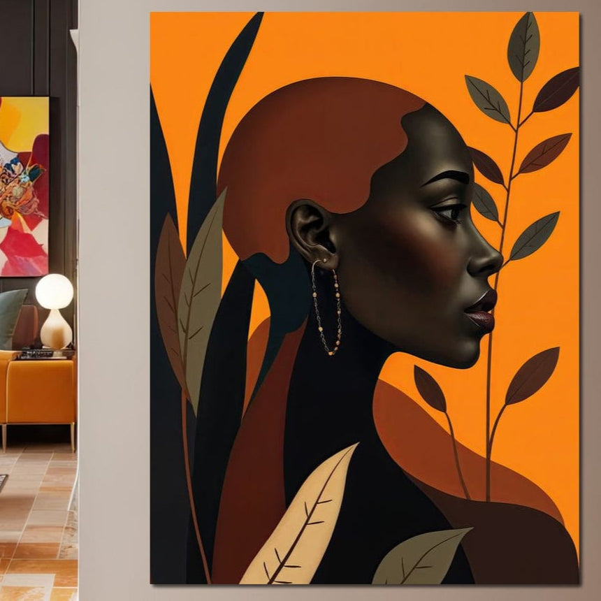 Tablou Canvas Premium, LuxCanva® G1133, Respiratia Frunzelor, Lumina, Pamant, Aur, Umbra, Frunze, Natura, Femeie, Eleganta, Feminitate, Cercei, Profil, Afro, Birou, Living