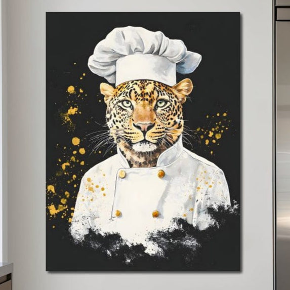 tablou canvas cu un leopard in costum de bucatar, pe fundal negru cu stropi de culoare aurii