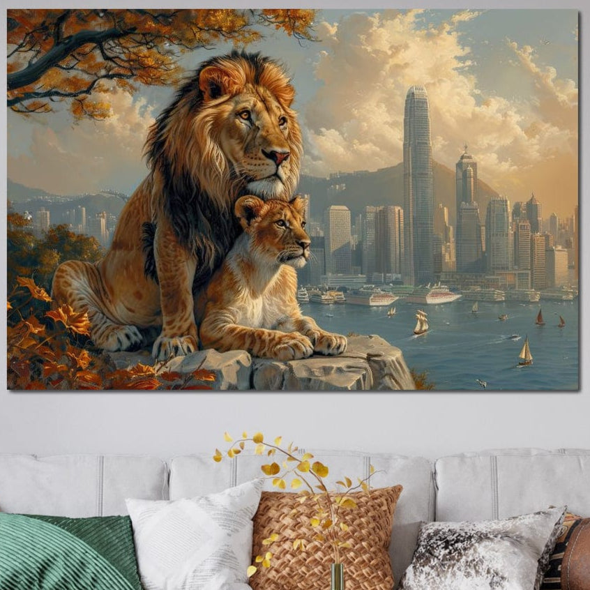tablou canvas cu un leu si o leoaica privind in zare sub un copac, pe fundal urban cu apa si cladirile unui oras