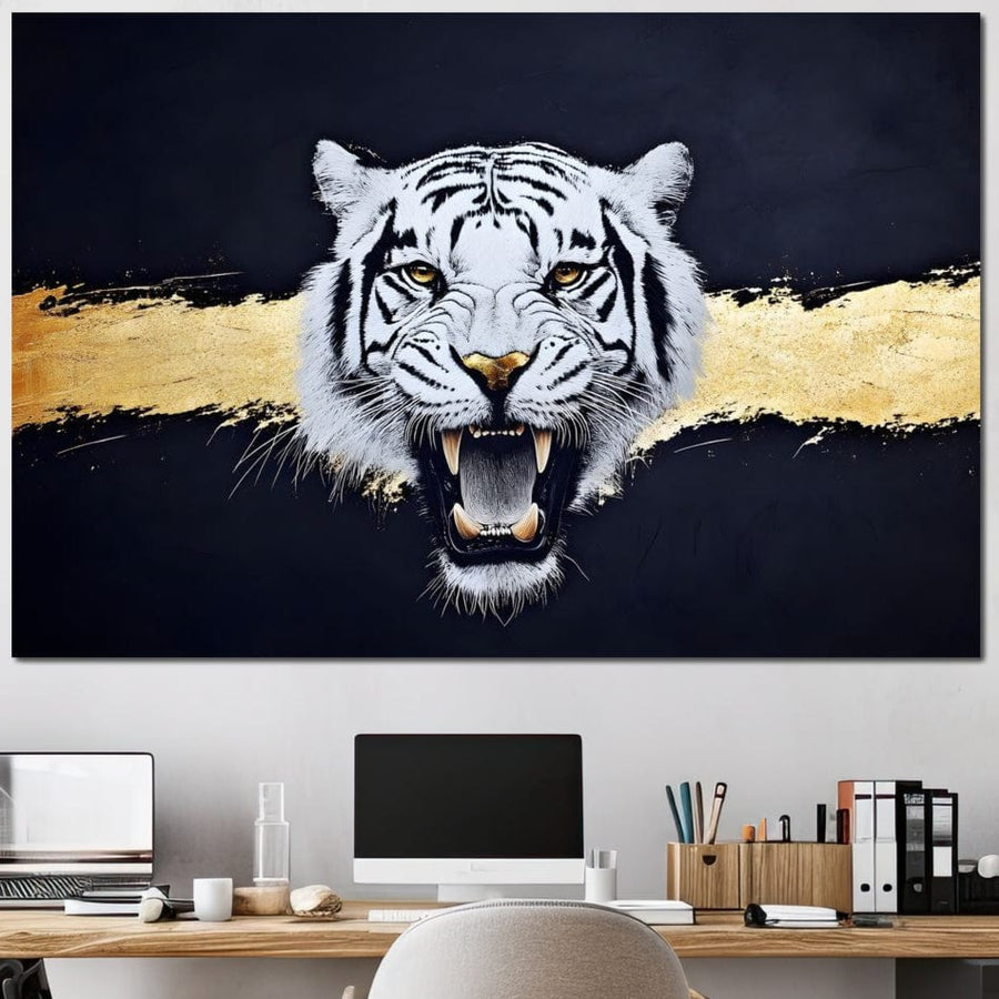 Un birou modern cu un Tablou Canvas LuxCanva® Premium "Masca Spiritului Alb" (M1452), care prezintă un cap de tigru alb feroce peste auriu pe întuneric. Spațiul de lucru include un birou, un scaun și consumabile organizate. Perfect pentru birou sau cameră de zi.