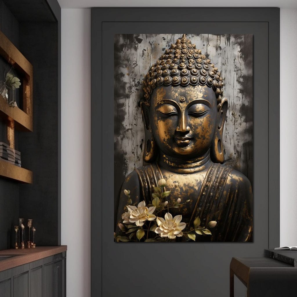 Tablou Canvas Premium LuxCanva® I128, Buddha si Floarea Sacra, Zen, Meditatie, Spiritualitate, Armonie, Pace Interioara, Echilibru, Lotus, Flori, Urna, Living, Dormitor