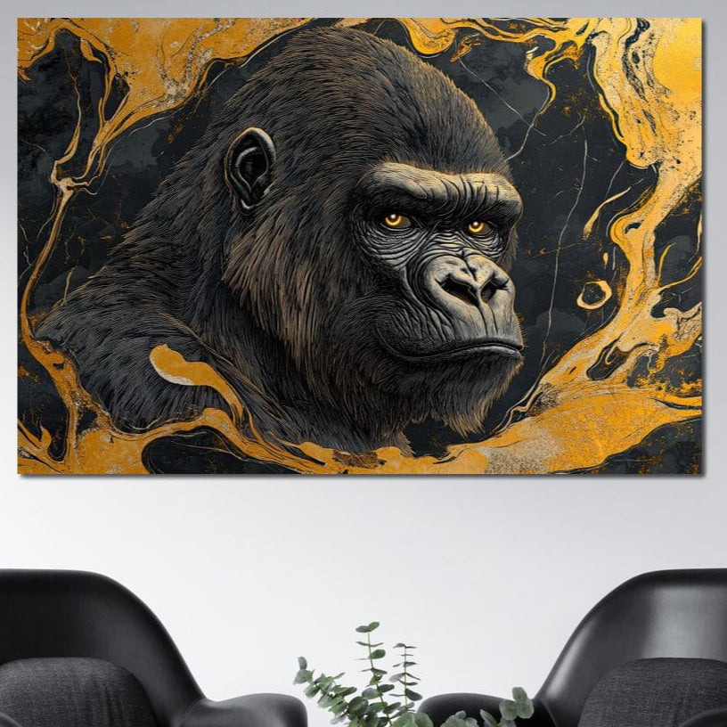 tablou canvas cu o gorila surprinsa din profil, pe fundal negru cu detalii galben-aurii stil pictura