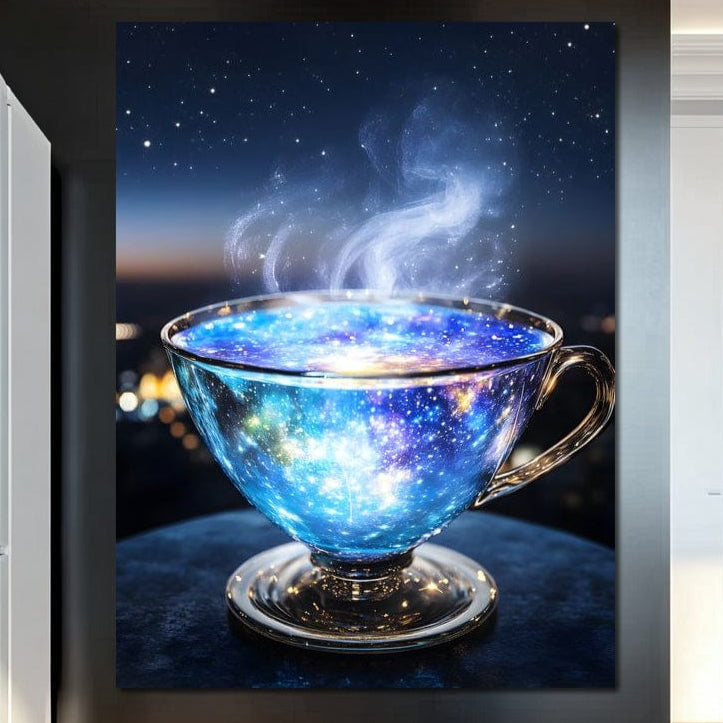 tablou canvas cu o ceasca de ceai fierbinte, cu aburi, pe fundal nocturn si instelat