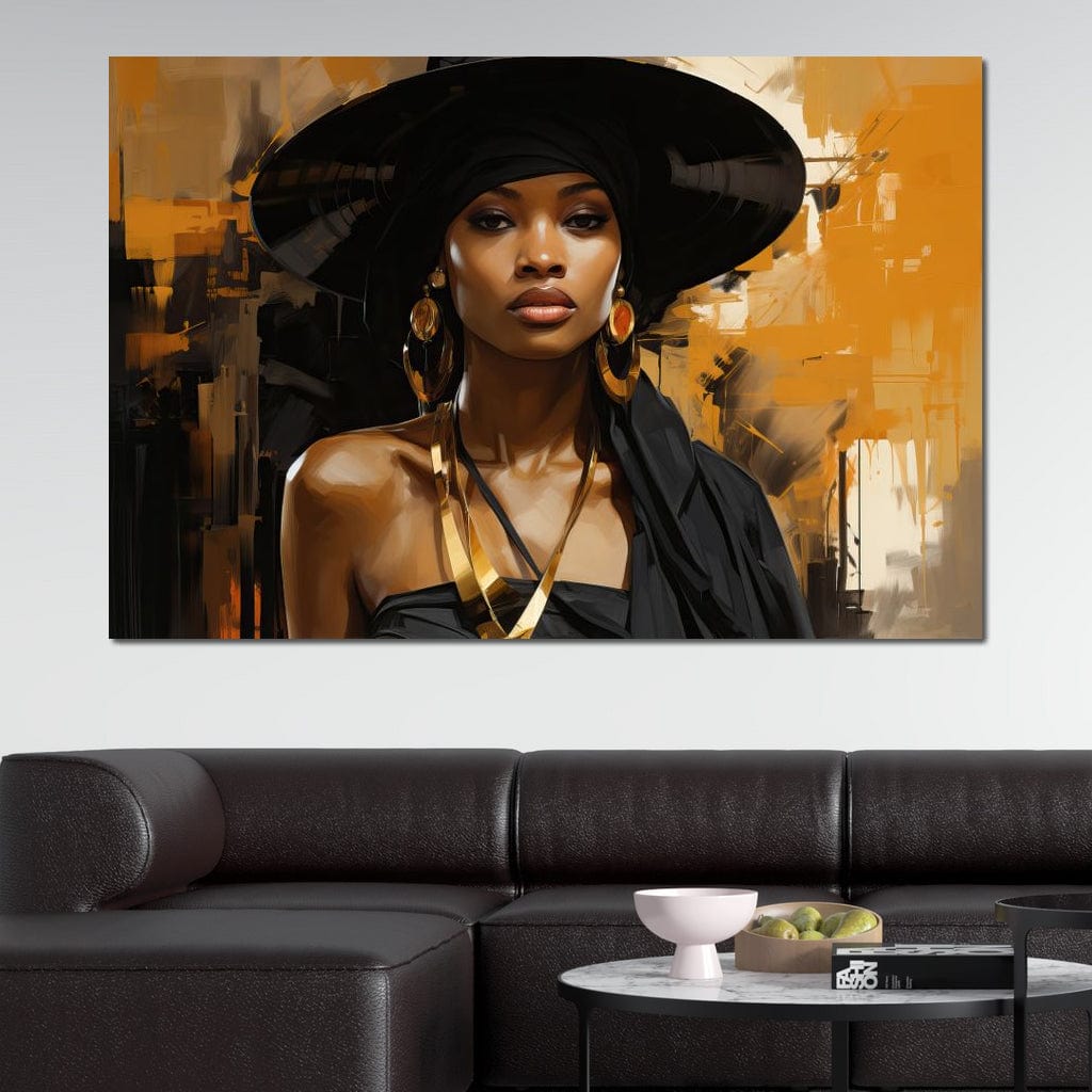 Tablou Canvas Premium LuxCanva® G1019, Femeia In Negru ,  Enigma, Palarie, Glamour, Dramatism, Boem, Rafinament, Cercei, Living, Dormitor, Culori vibrante