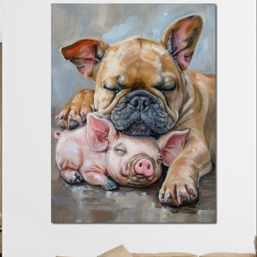 tablou canvas cu un bulldog si un purcelus roz dormind profund, pe fundal abstract stil pictura in acuarela