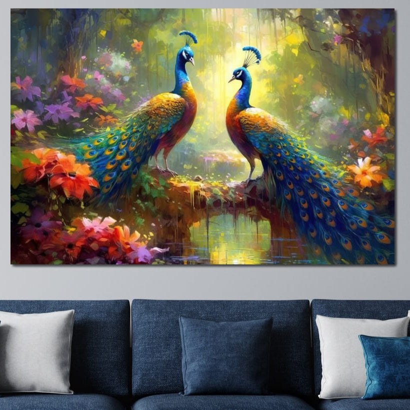 tablou canvas cu doi pauni pe o punte intr-o gradina inflorita