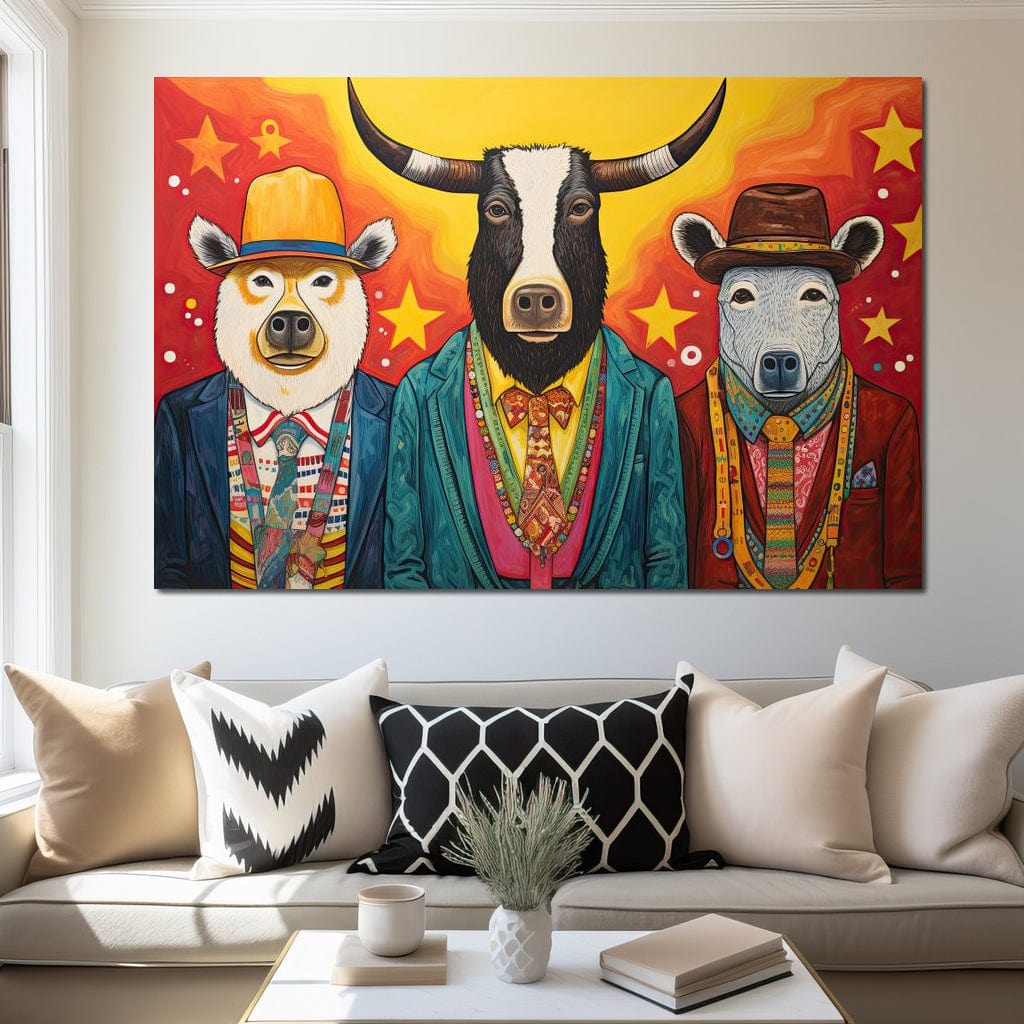 Tablou Canvas Premium, LuxCanva® K1009, Banditii in Costume, Blana, Vedete, Coarne, Costum, Gasca, Urs, Vaca, Bou, Stilizati, Personaje, Pop-Art, Ludic, Prietenie, Camera Copii