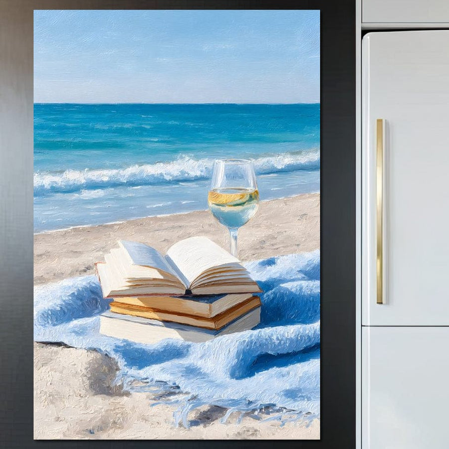 Tablou Canvas Premium LuxCanva® N1087, Lectura pe Valuri: două cărți deschise și un pahar de vin alb pe o pătură albastră la plajă, cu valuri line-print pe pânză bumbac pentru calitate premium.