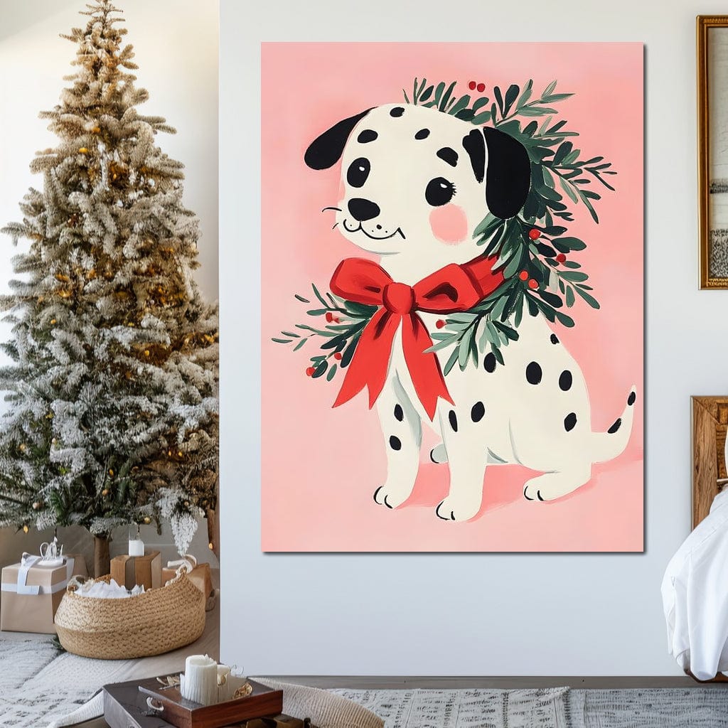 Tablou Canvas Premium, LuxCanva® D1093, Dalmatianul de Craciun, Bucurie, Gingasie, Funda, Rosie, Pui, Catel, Pete, Zambet, Blanos, Coronita, Brad, Canin, Roz, Magie, Camera Copil, Living, Dormitor