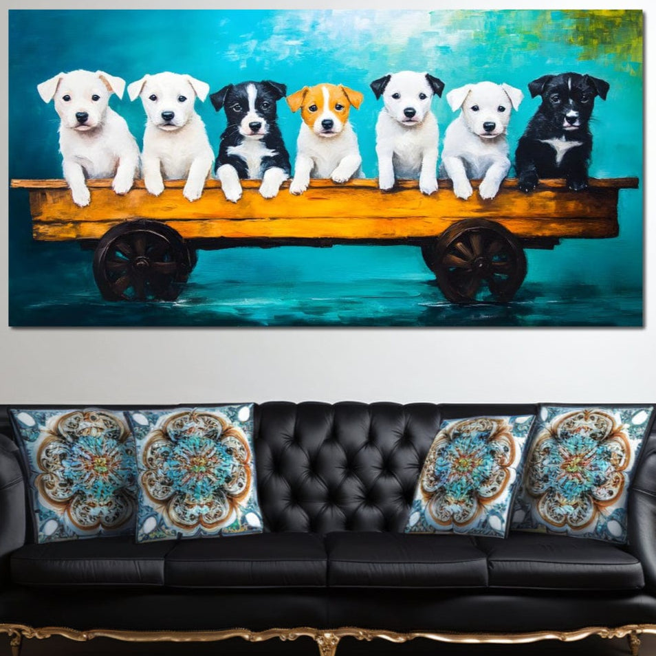 tablou canvas cu un grup de catelusi intr-un carucior rustic de lemn, pe fundal albastru