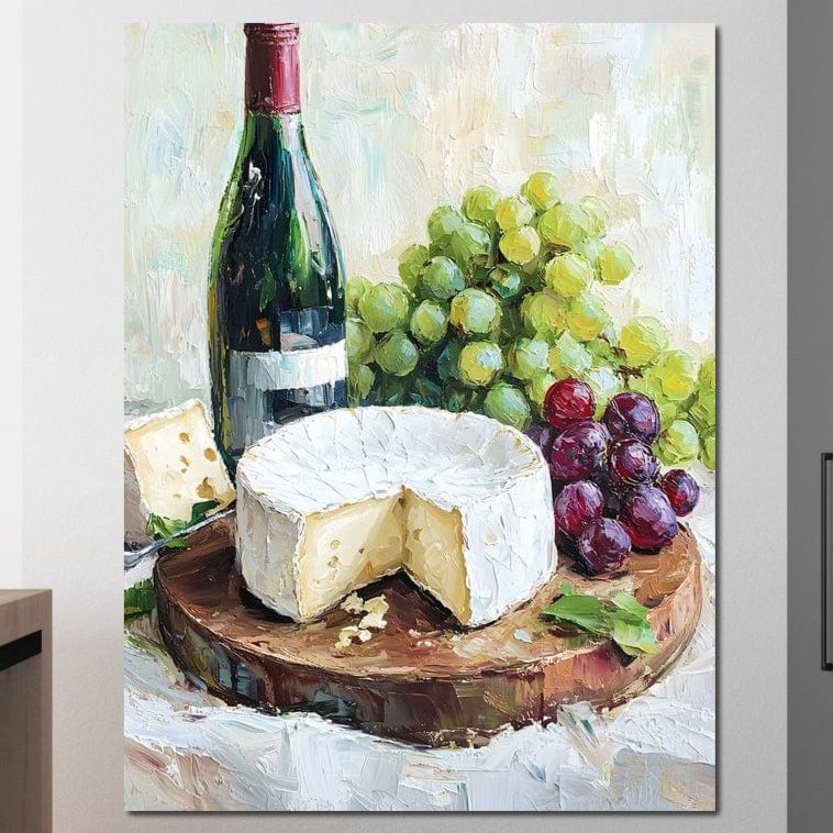 tablou canvas cu o sticla de vin rosu, struguri albi si rosii si o bucata de branza pe un suport de lemn, pictat in stil rustic