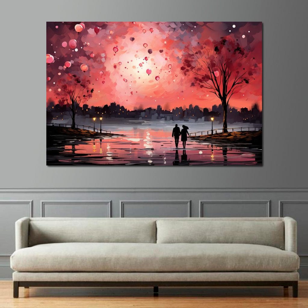 Tablou Canvas Premium LuxCanva® E1021, Plimbare Sub Cerul Inflacarat, Apus, Doi, Cuplu, Apa, Urban, Living Room, Culori vibrante