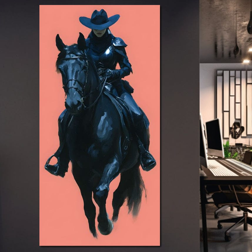 tablou canvas cu o femeie cu palarie de cowboy, calare pe un cal negru, pe fundal pastelat