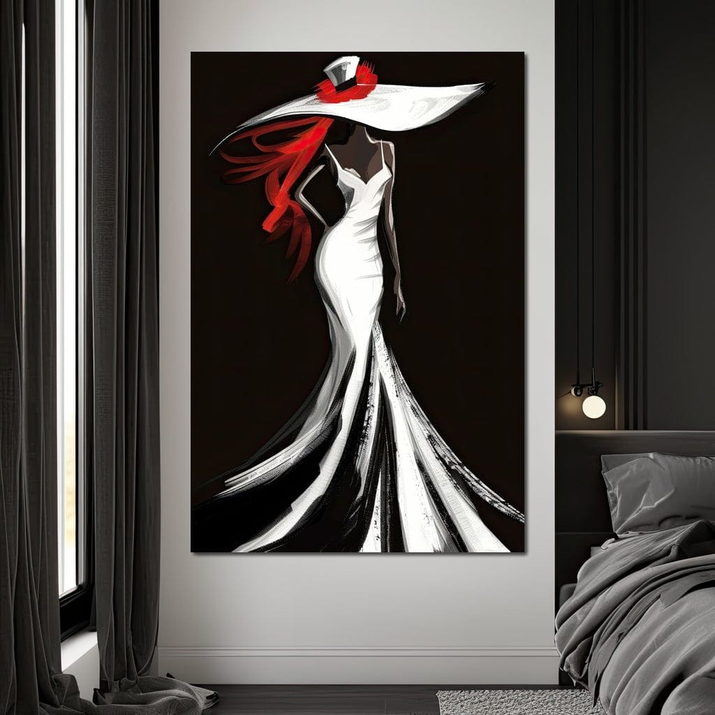 Tablou Canvas Premium LuxCanva® G1031, O Diva in Rochie Alba , Silueta, Palarie, Rochie, Sirena, Podium, Moda, Stil, Living, Dormitor, Culori vibrante