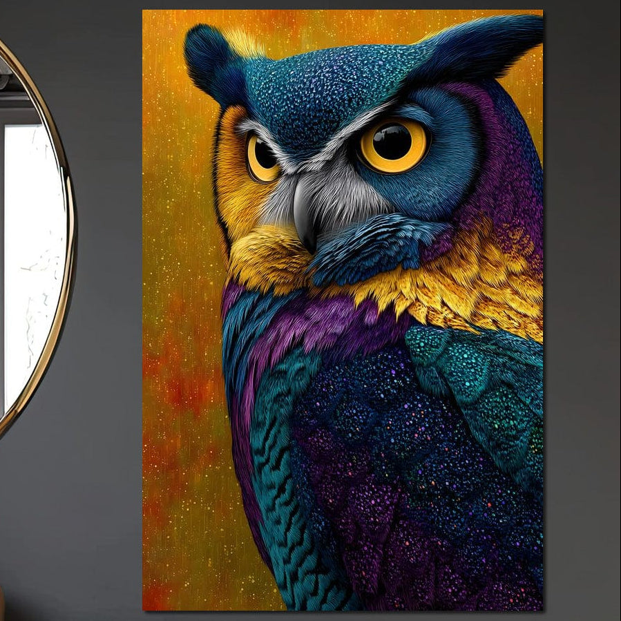 Tabloul LuxCanva® Tablou Canvas Premium, Aripa Noptii (M1511), prezintă o bufniță nocturnă misterioasă cu pene vibrante și ochi galbeni izbitori, imprimat pe pânză bumbac-perfect pentru dormitor, birou, living sau camera copil.