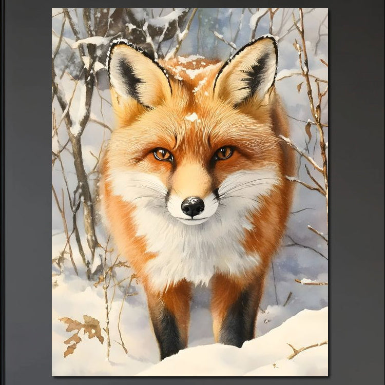 tablou canvas cu o vulpe cu blanita aramie, intr-un cadru cu peisaj de iarna si zapada