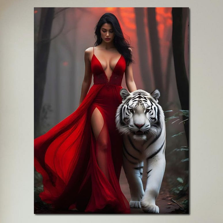 tablou canvas cu o femeie seducatoare in rochie rosie si un tigru alb, pe fundalul unei paduri la apus de Soare