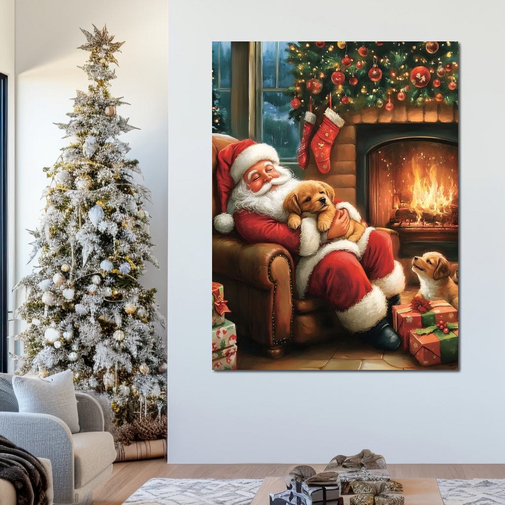 Tablou Canvas Premium, LuxCanva® D1108, Craciunul Perfect, Iarna, Craciun, Catelusi, Blanos, Brad, Mos Craciun, Foc, Semineu, Caldura, Fotoliu, Asteptare, Vis, Bucurie, Living, Dormitor