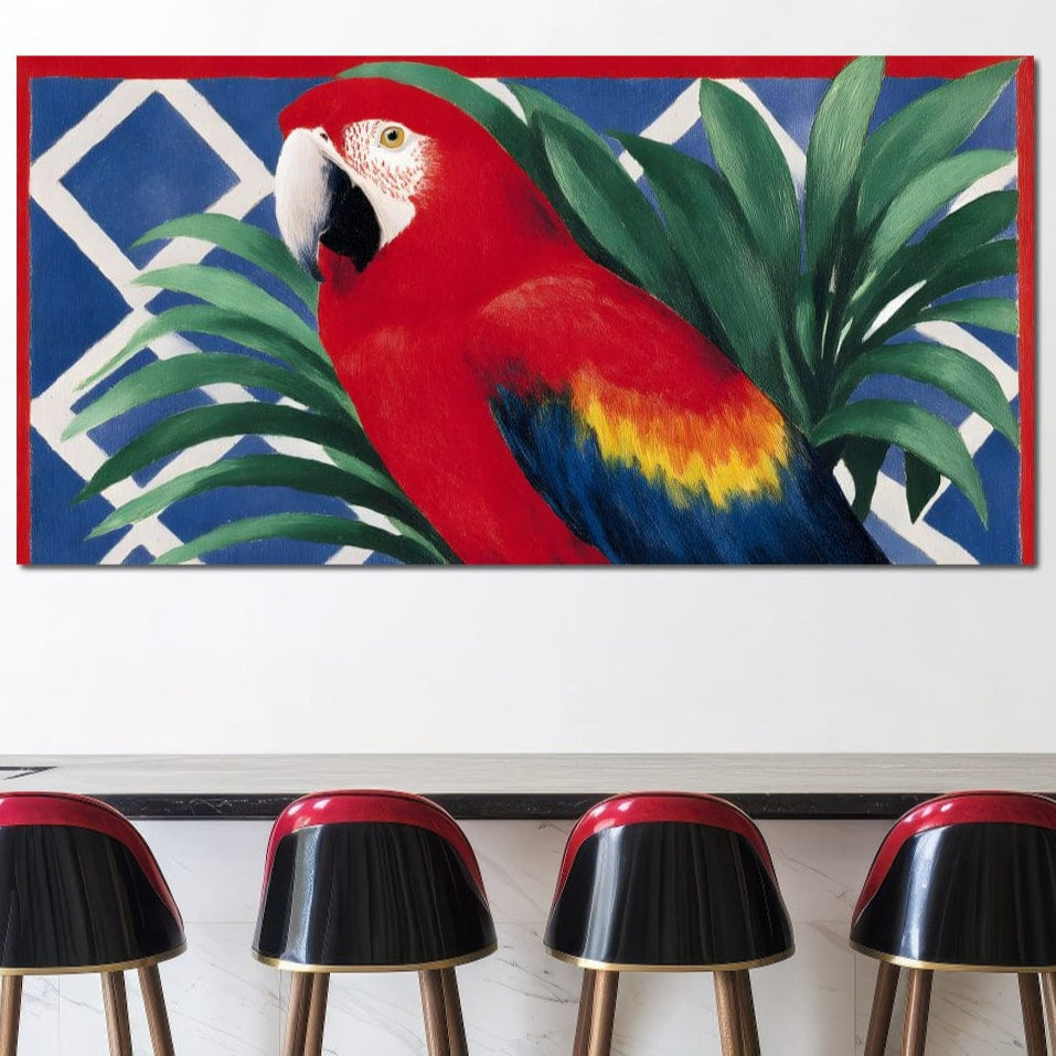 tablou canvas cu un papagal exotic rosu inconjurat de frunze verzi tropicale, pe fundal geometric albastru
