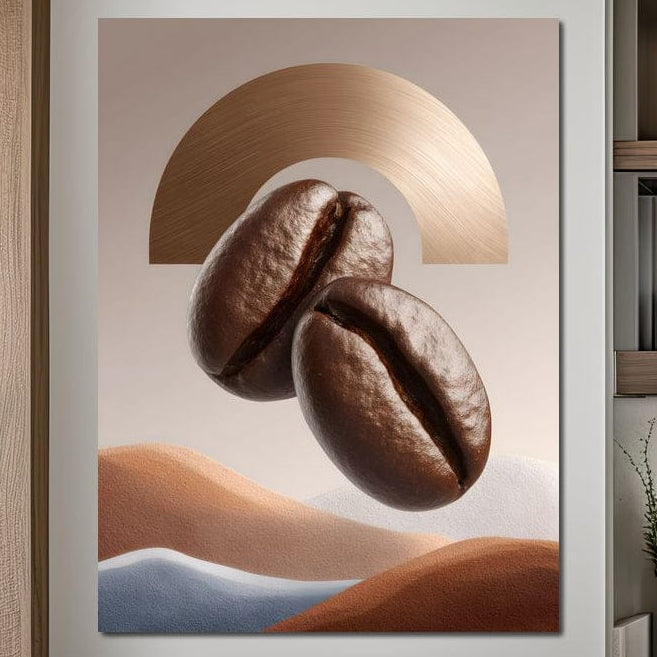 tablou canvas cu doua boabe de cafea, pe fundal abstract deschis, cu nuante calde de maro, auriu si bej