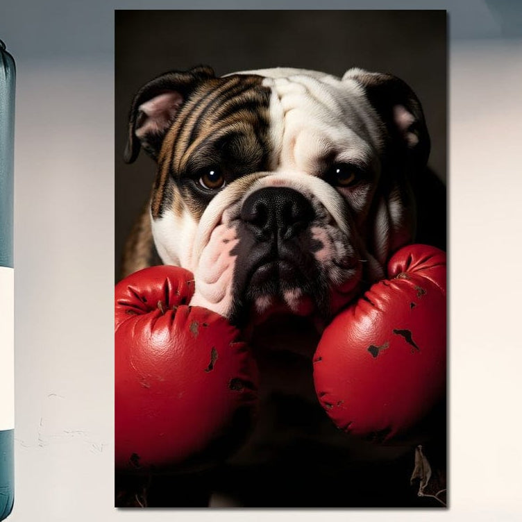 tablou canvas cu un bulldog cu manusi de box rosii, pe fundal inchis