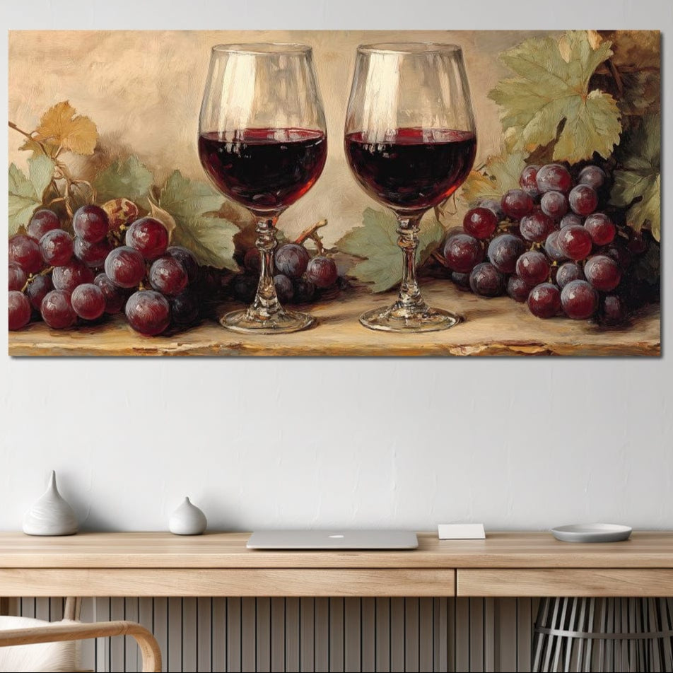 tablou canvas cu doua pahare cu vin rosu, langa doi ciorchini de struguri rosii, intr-un peisaj rustic