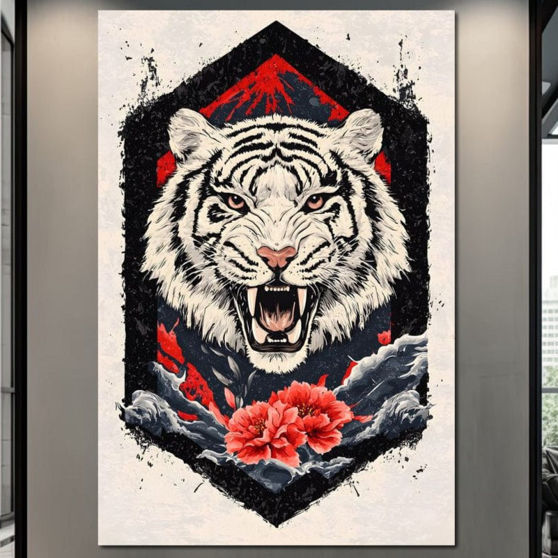 tablou canvas cu un cap de tigru alb, pe fundal abstract deschis, cu un cadru geometric negru cu flori rosii