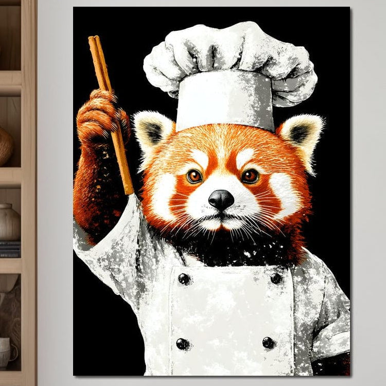 tablou canvas cu un panda rosu in costum de bucatar cu bete de lemn in mana, pe fundal intunecat