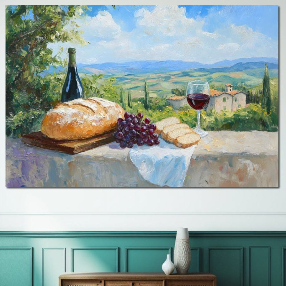 tablou canvas cu un peisaj rustic, cu paine, struguri, o sticla de vin rosu si un pahar pe o masa traditionala