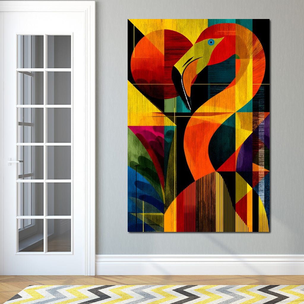 tablou canvas cu un flamingo in culori vibrante si forme abstracte, pe fundal multicolor in compozitie geometrica