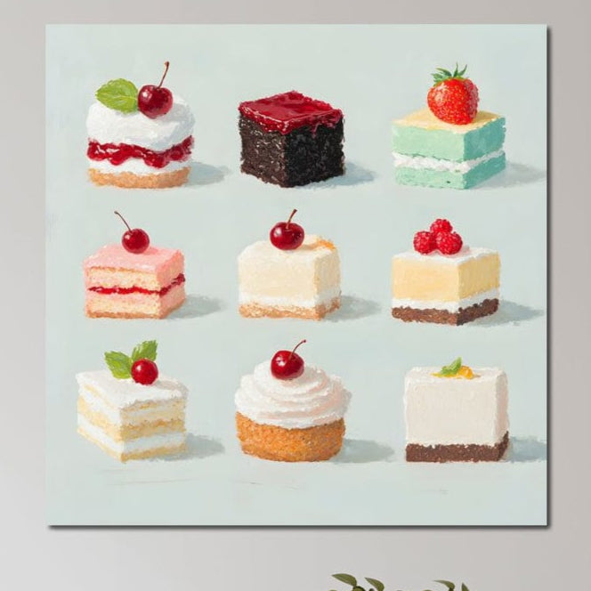 tablou canvas cu multe prajituri, ornate cu frisca si fructe rosii, pe un fundal albastru pastelat