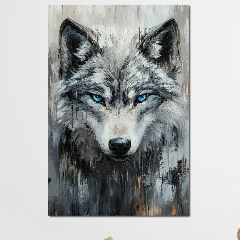 tablou canvas cu un lup cu ochi albastri, pictat in nuante de gri si auriu pe fundal deschis