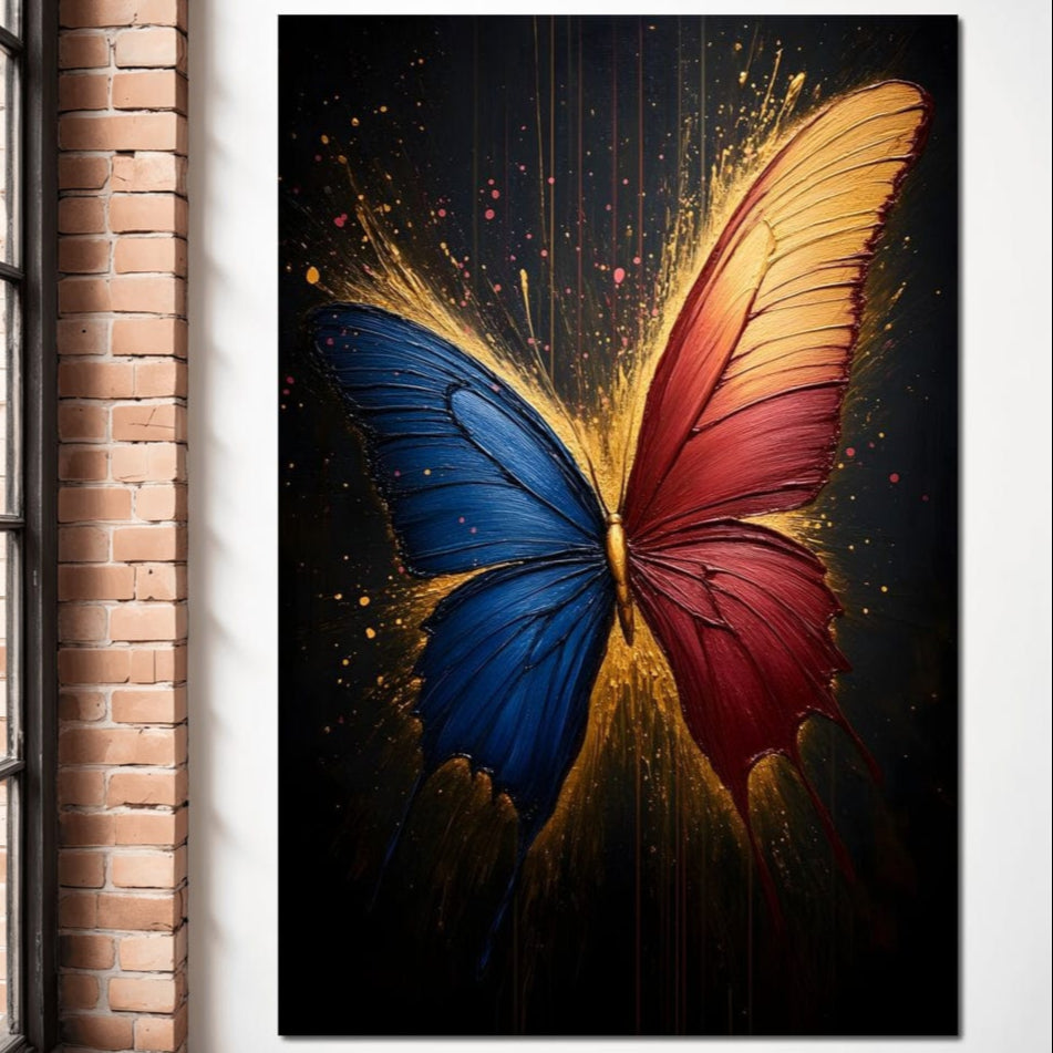 tablou canvas cu un fluture cu o aripa albastra si una rosie, in contur auriu pe fundal negru cu stropi de culoare
