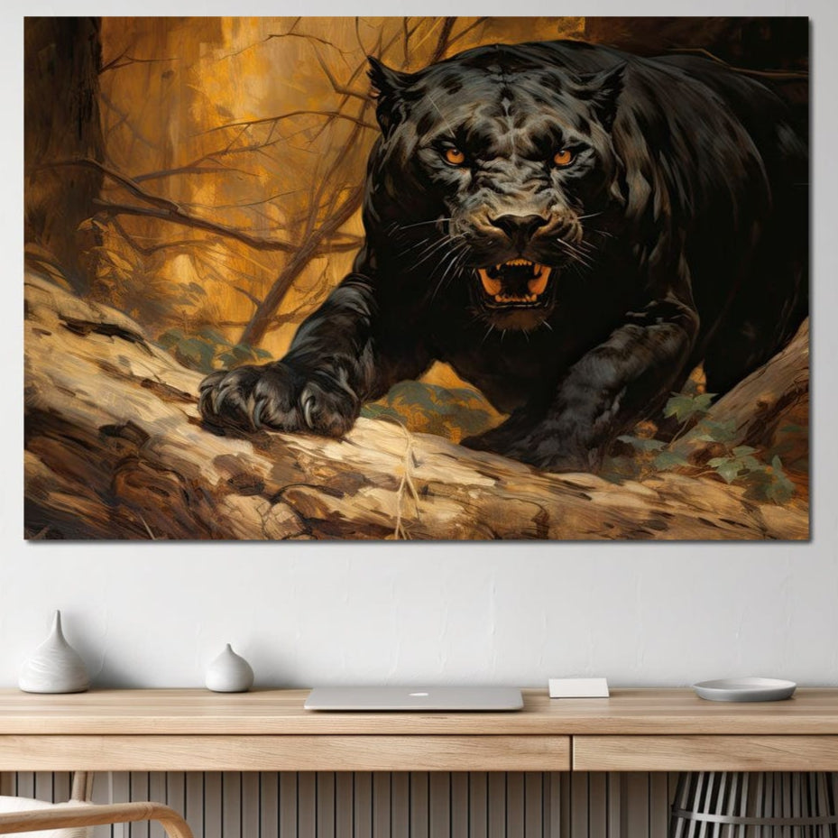 tablou canvas cu o pantera neagra in moment de vanatoare, pe fundal de padure in nuante calde