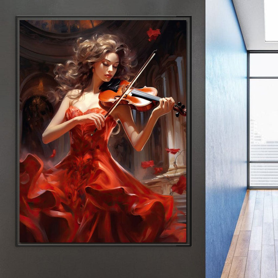 Tablou Canvas Premium LuxCanva® G1049, "Rapsodie in Rosu", înfățișează o femeie grațioasă într-o rochie roșie vibrantă cu o vioară, adăugând eleganță muzicală și pasiune spațiilor moderne de locuit cu culorile sale vii.