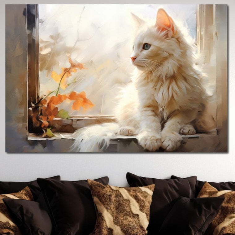 tablou canvas cu o pisica alba si pufoasa asezata la fereastra, langa o floare colorata