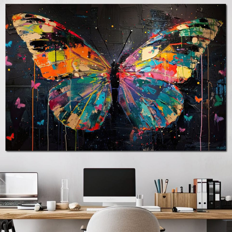 tablou canvas cu un fluture urias multicolor pe fundal negru stil graffiti, inconjurat de fluturi mici si colorati