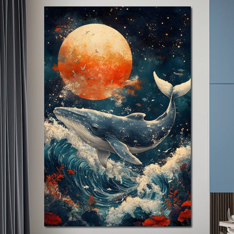 tablou canvas cu o balena in oceanul albastru cuprins de valuri, sub Luna plina rosie pe cer instelat
