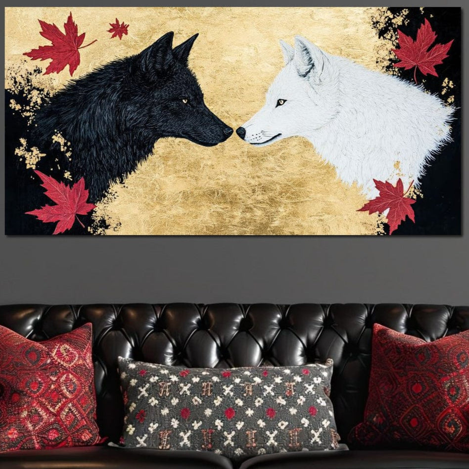 tablou canvas cu un lup alb si unul negru, pe fundal negru cu auriu decorat cu frunze rosii de artar