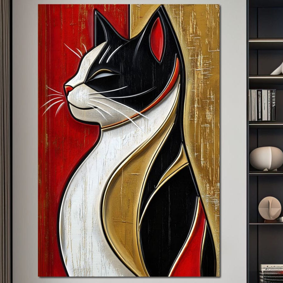 tablou canvas cu portretul elegant al unei pisici, surprinsa din profil in linii abstracte pe tonuri calde de auriu, negru si rosu