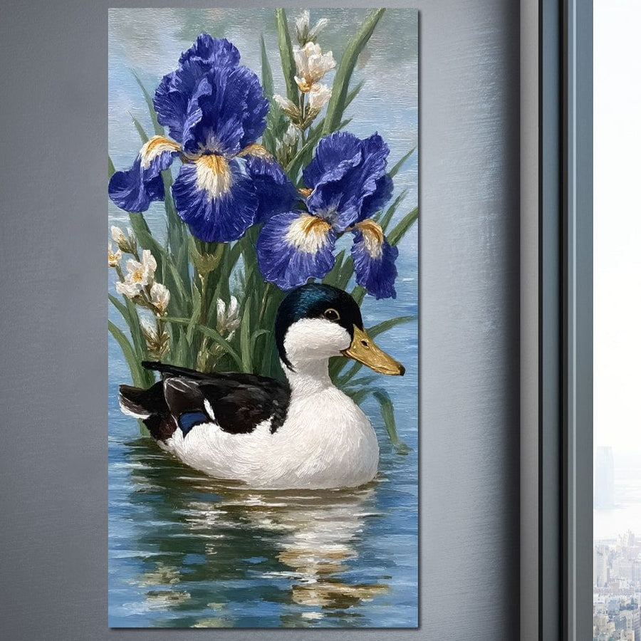 tablou canvas cu o ratusca in alb si negur plutind pe lac, inconjurata de irisi mov si frunze verzi
