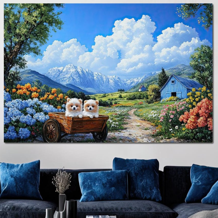 tablou canvas cu doi catei pufosi intr-o roaba de lemn, in mijlocul unei gradini florale montane sub cer senin cu nori pufosi si peisaj rustic